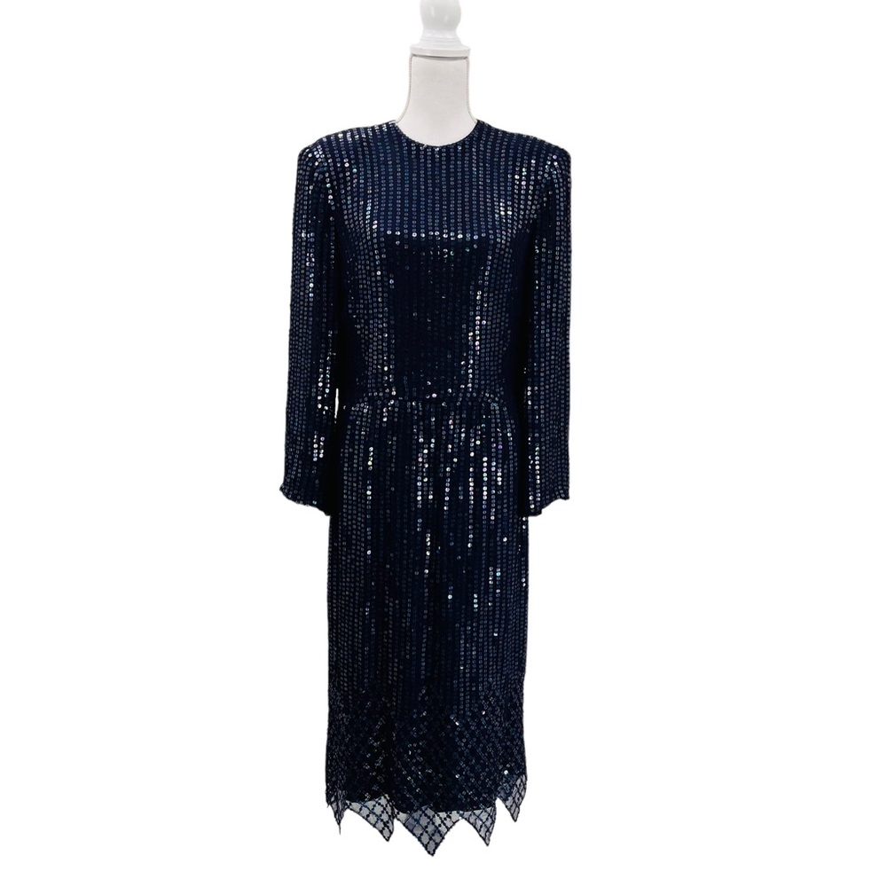 Anthony Muto For Saz Silk Cocktail Evening Gown Dress Blue Sequin Size L